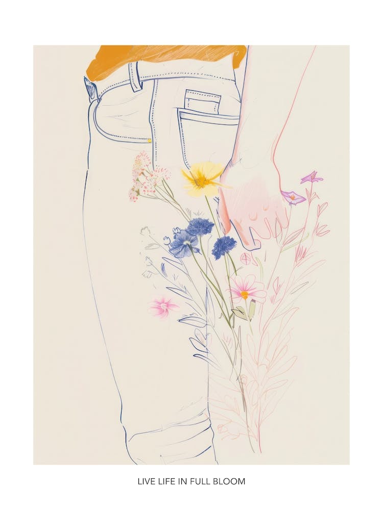 Live Life In Full Bloom Poster Floral Blue Jeans Line Art 4