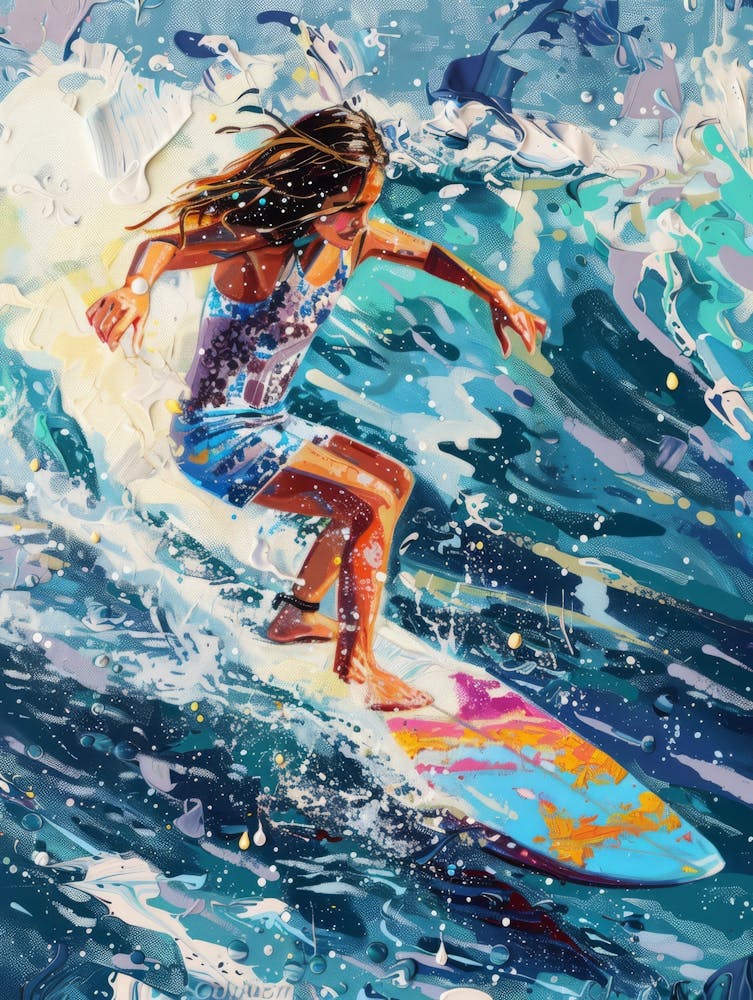 Girl In The Sea On The Waves Riding A Surfboard Painting In Pop Art Style 6