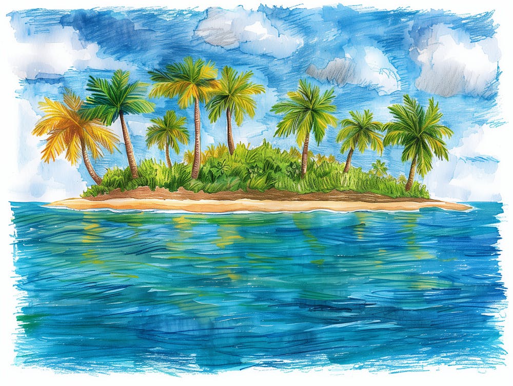 Watercolor Tropical Island With Palm Trees