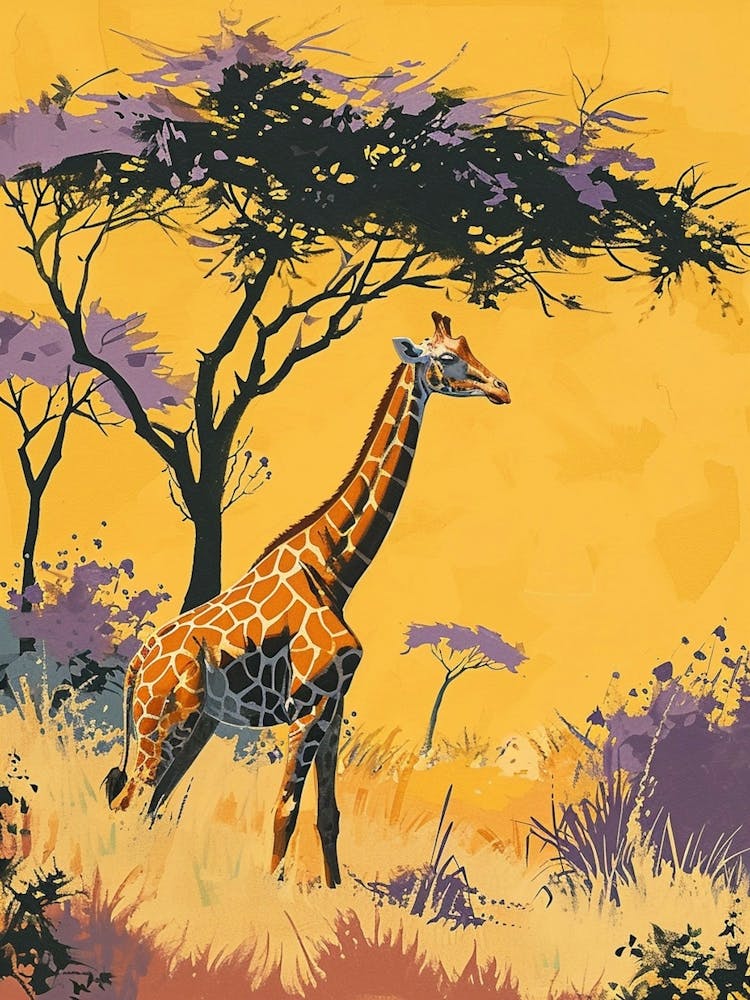 Lilac Giraffe Watercolour Inspired Illustration Under The Acacia Tree 3