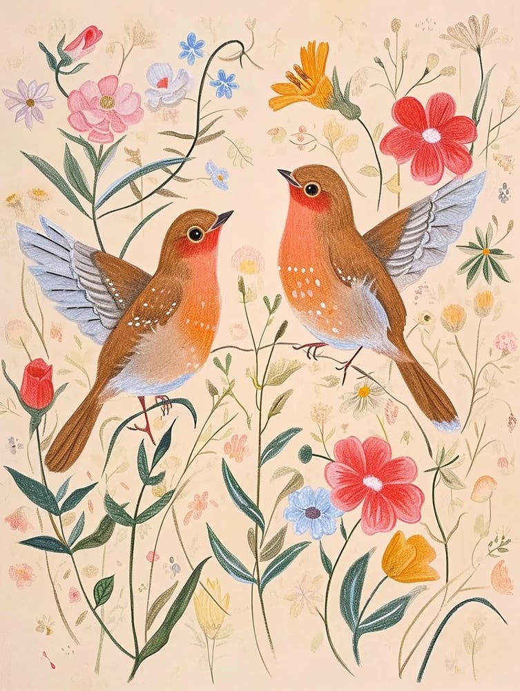 Folksy Floral Animal Drawing Bird 2