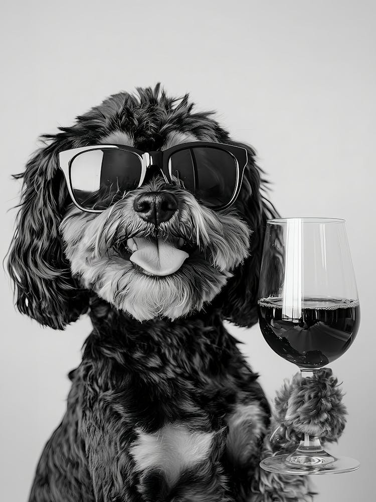 Black & Tan Cavapoo Drinking Wine Wall Art, Black And White Print, Alcohol Print, Bar Cart Art, Funny Dog Poster, Kitchen Wall Decor