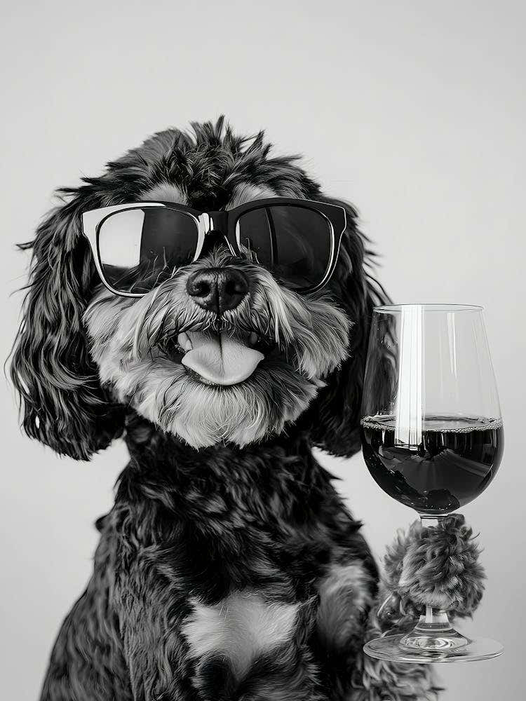 Black & Tan Cavapoo Drinking Wine Wall Art, Black And White Print, Alcohol Print, Bar Cart Art, Funny Dog Poster, Kitchen Wall Decor