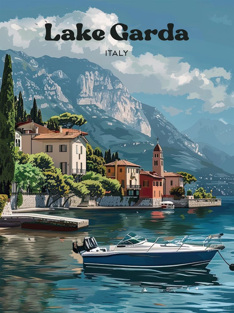Lake Garda Italy Resort Travel Art Illustration