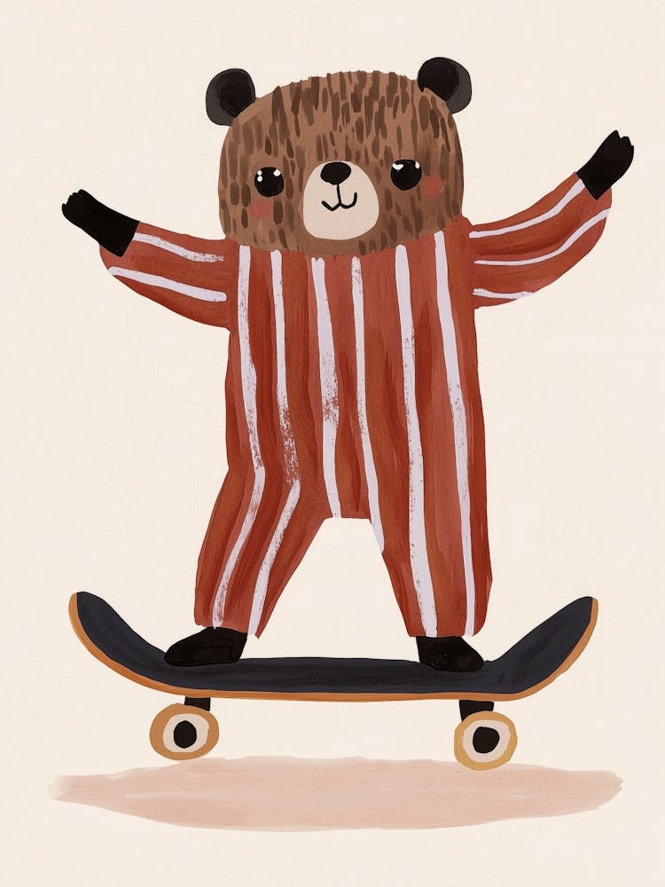 Bear On Skateboard, nursery wall art, kids room prints, playroom decor