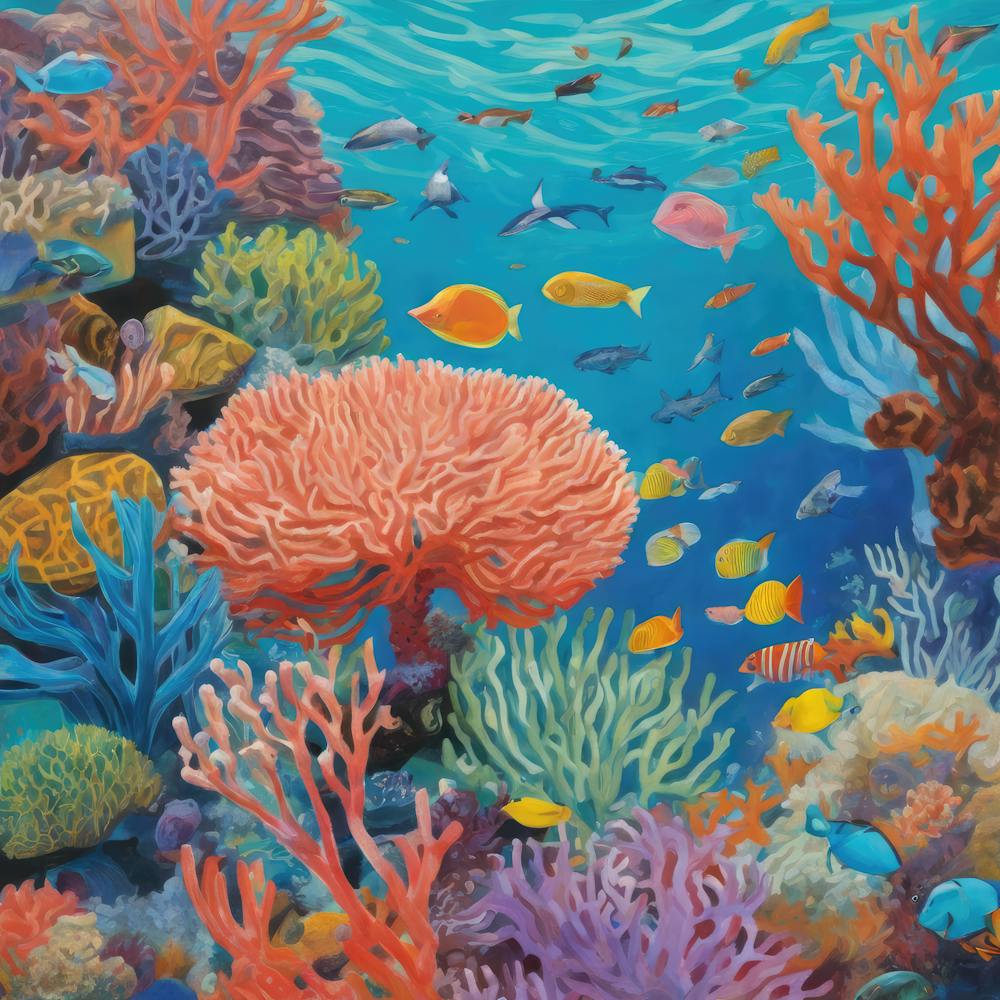 David Hockney Style: A Vibrant Coral Reef Teeming With Marine Life