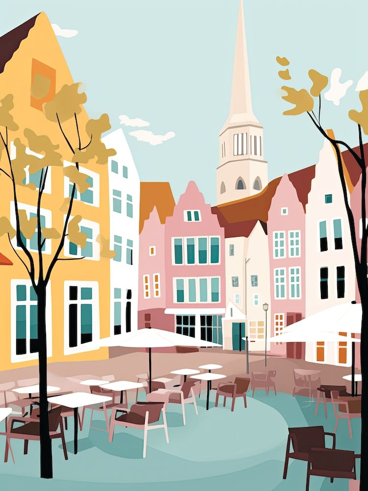 Odense, Denmark, Flat Pastels Tones Illustration 1