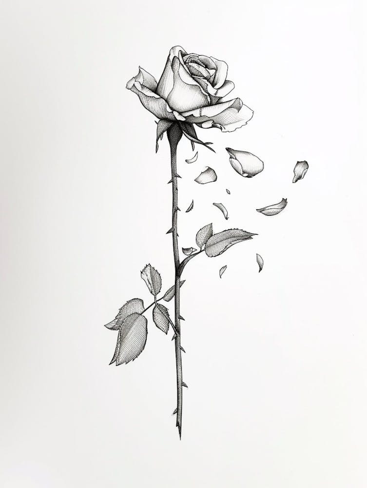 English Rose Petals Line Drawing 1