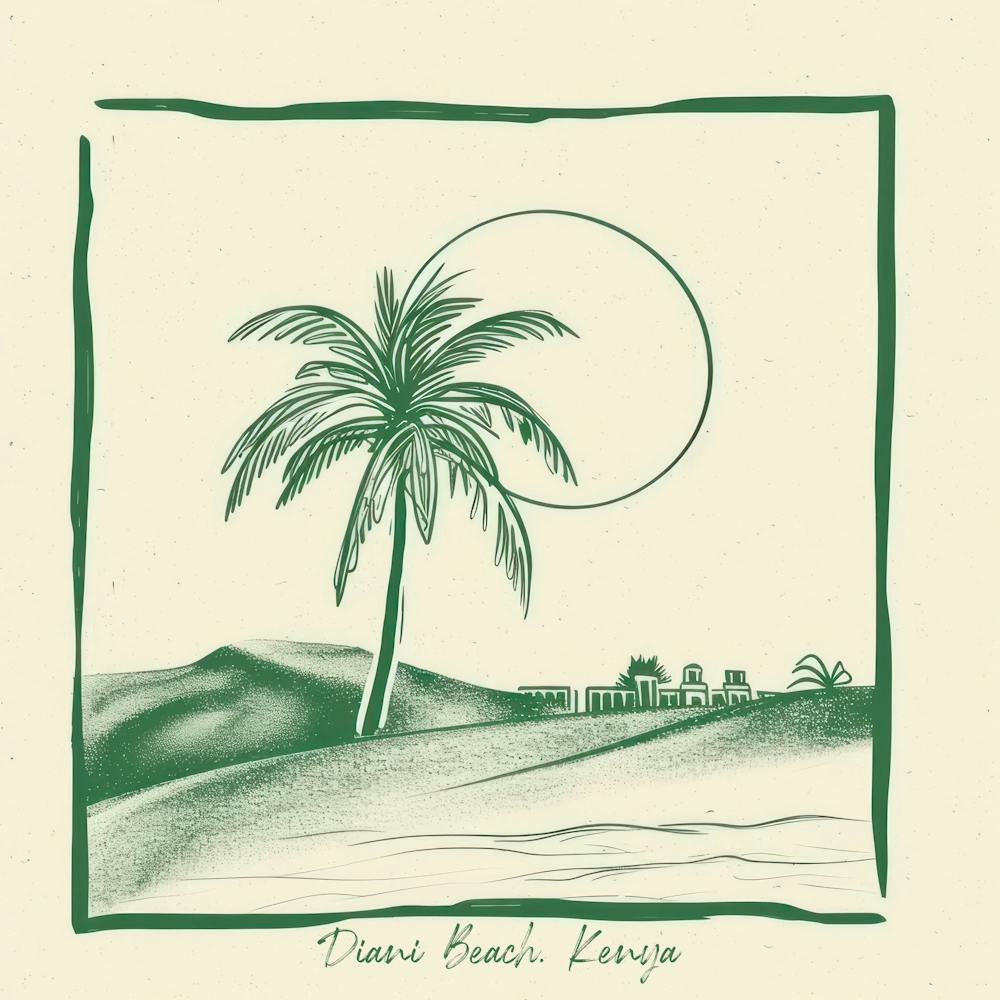 Diani Beach, Kenya Green Line Art Illustration