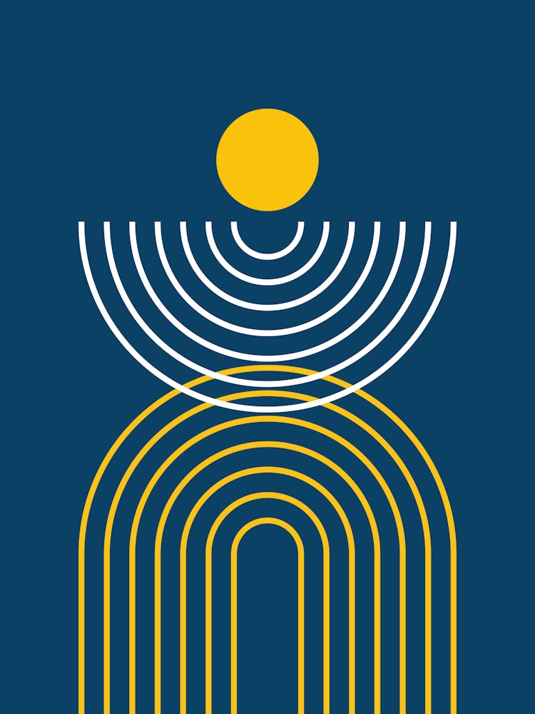 Midcentury Modern Rainbow Arch Sun Abstract A9 In Ocean Navy Blue Mustard Yellow 01