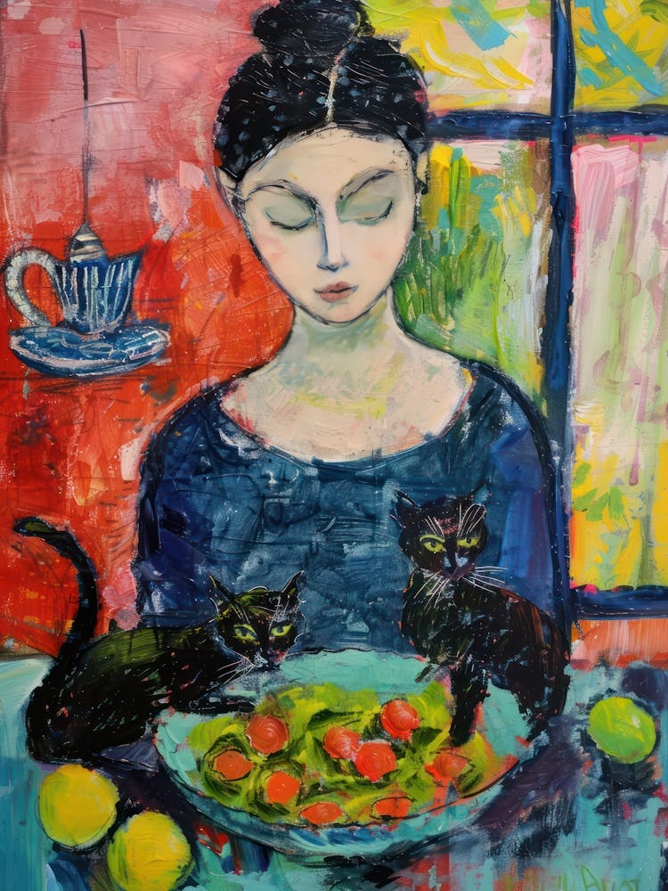 Portrait Of A Girl With Cats Eating Salad 4