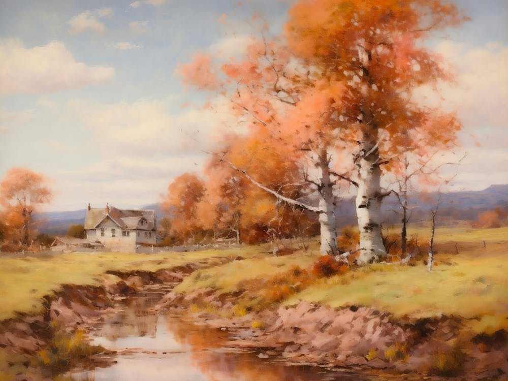 Neutral Fall Landscape Print, Vintage Autumn Painting, Moody Countryside Painting, Rustic Warm Tone Print, Fall Earth Tone Wall Decor