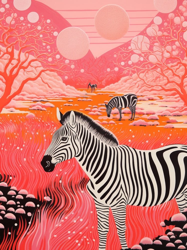 Linocut Pink & Red Inspired Zebra 1