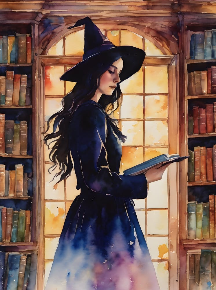 Library Witch - Scholar Sage Yennefer Reading Magical Spell Books in the Citidel Style Wisdom Keeping - Pagan Witchy Fairytale Gallery Feature Wall Original Watercolor Artwork by Lyra the Lavender Witch