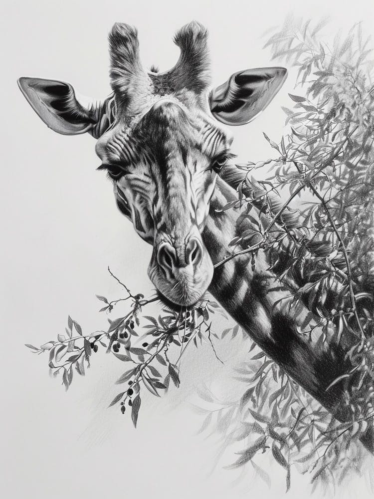 Pencil Portrait Of A Giraffe In The Trees 4