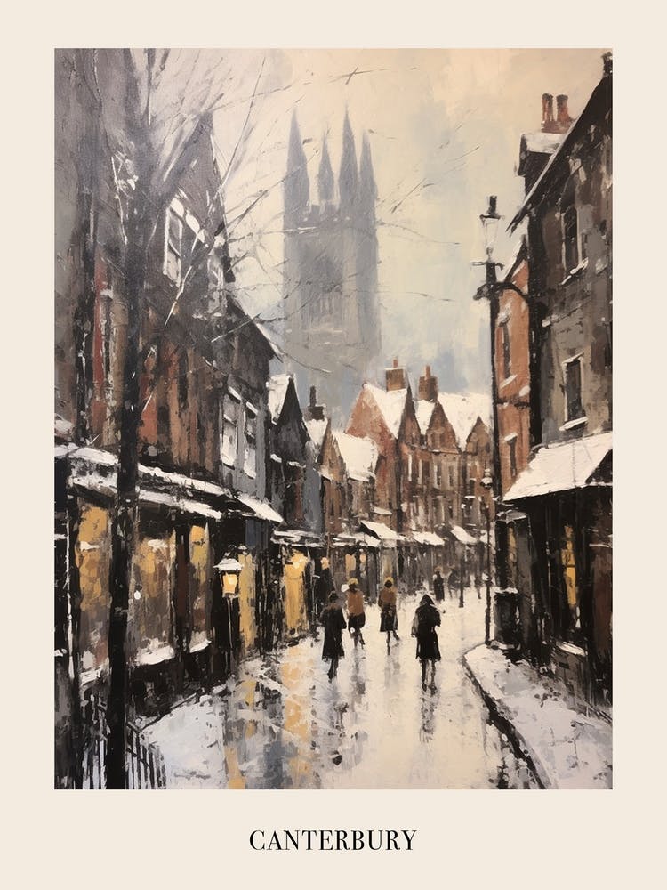 Vintage Winter Painting Poster Canterbury United Kingdom 1
