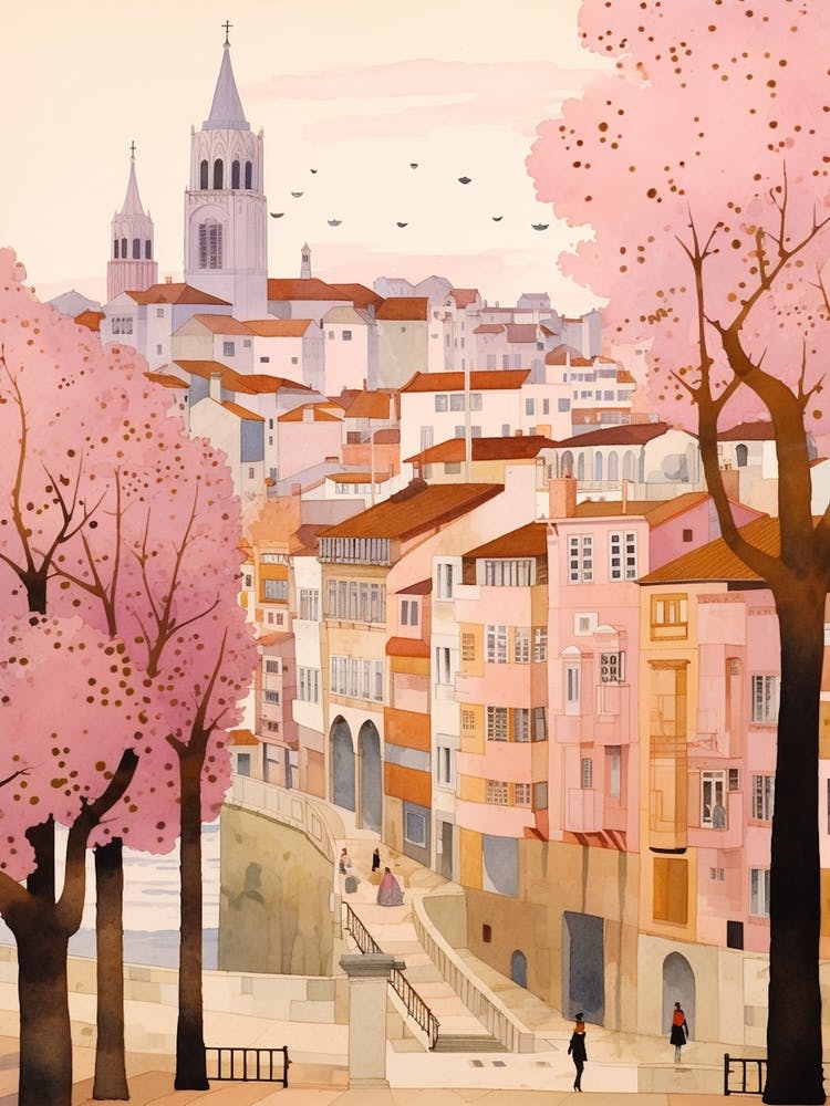 Santander Spain 5 Vintage Pink Travel Illustration