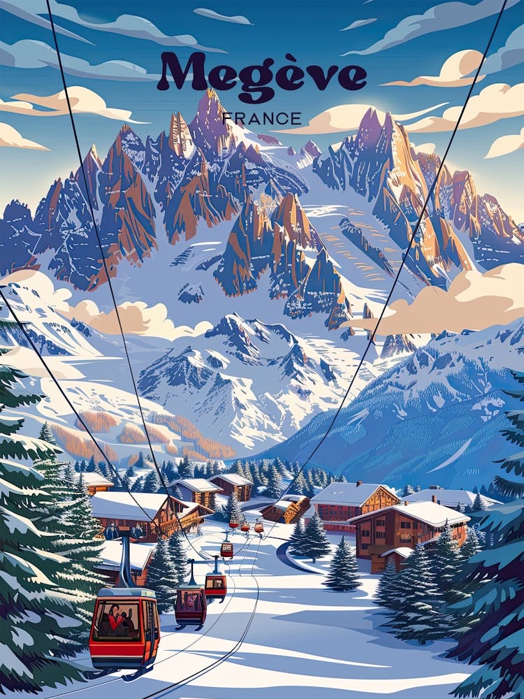 Megeve France Skiing Travel Illustration
