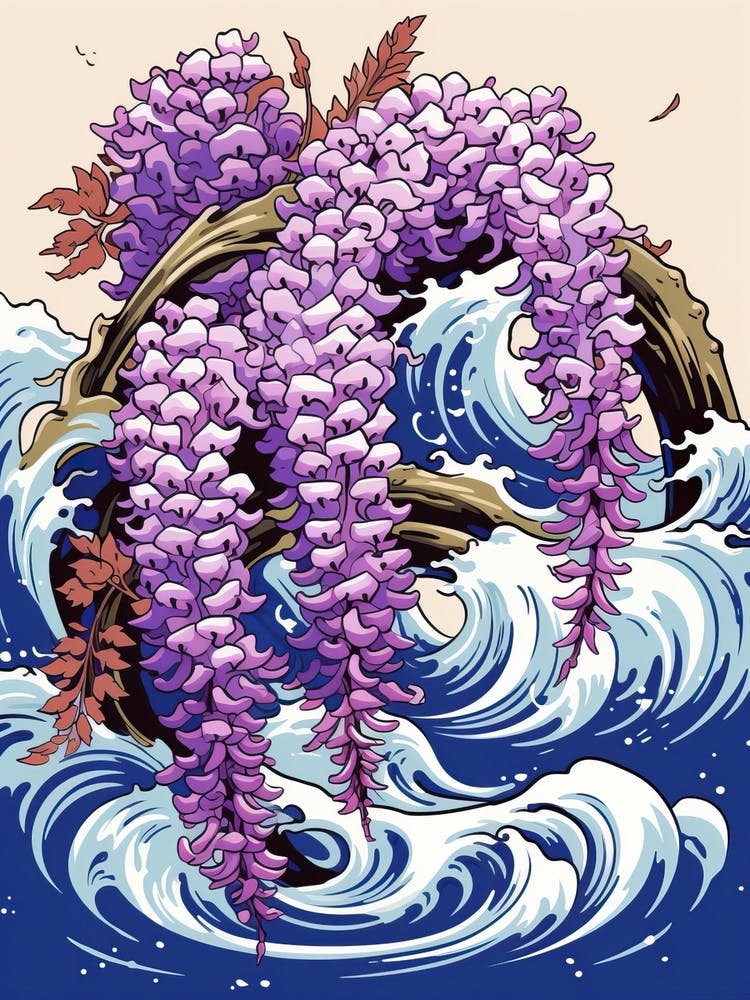 Great Wave With Wisteria Flower Drawing In The Style Of Ukiyo E 2