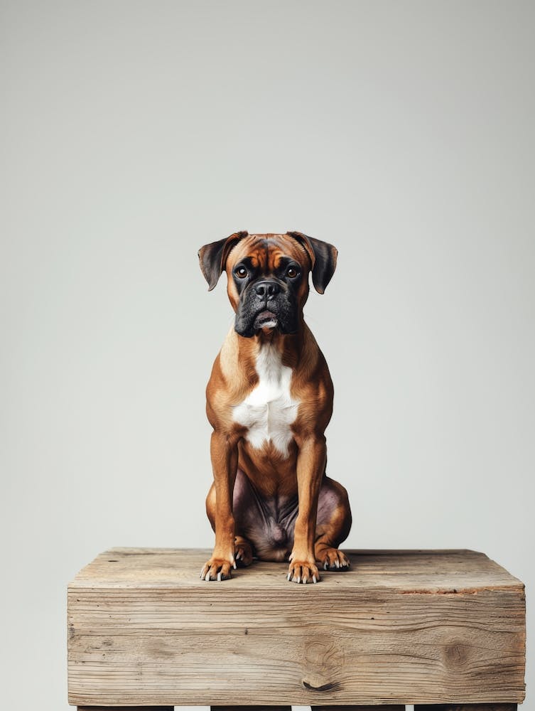 Boxer Dog Sitting On A Wooden Table. Generated AI. Wall