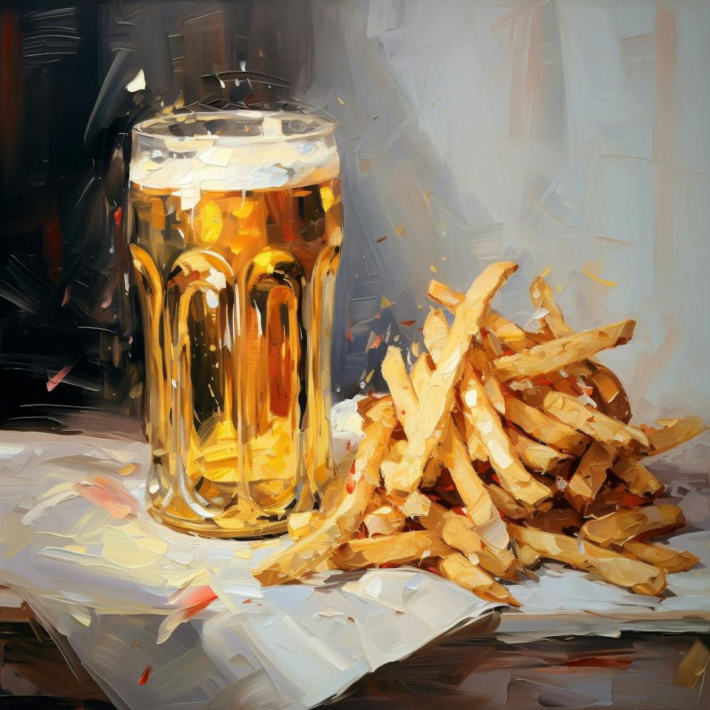 Thatworksmedia One Beer And French Fries Hand Drawn Oil