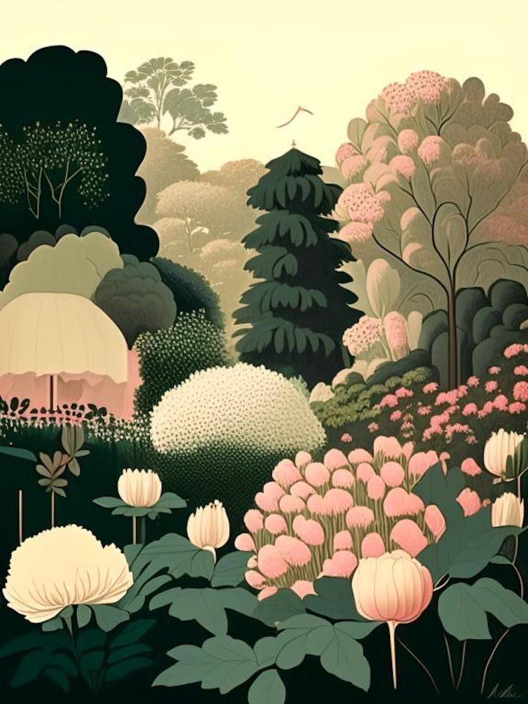 Parks And Public Gardens With Peonies 2 Vintage Sketch