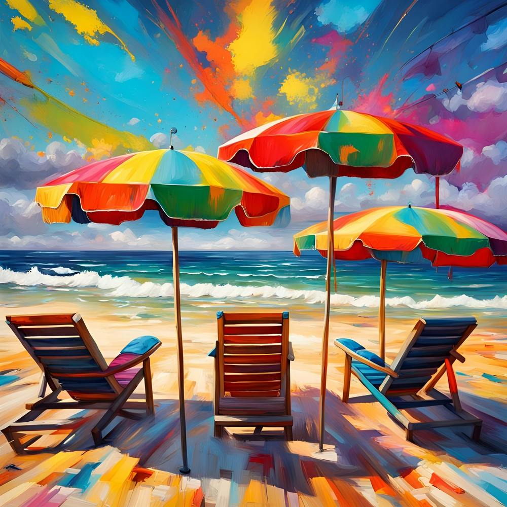 Seaside Trio Of Chairs And Umbrellas