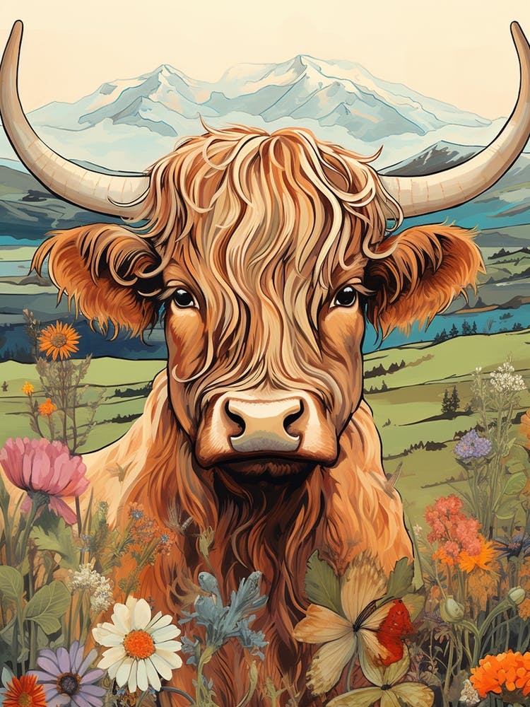 Floral Portrait Painting Style Of Highland Cow 1