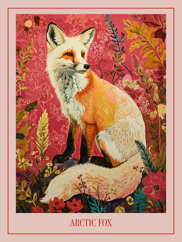 Floral Animal Painting Arctic Fox 4 Poster