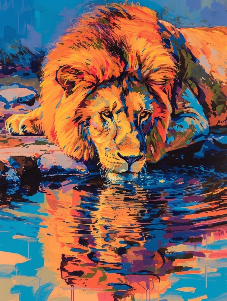 Masai Lion Drinking From A Watering Hole Fauvist Painting 2