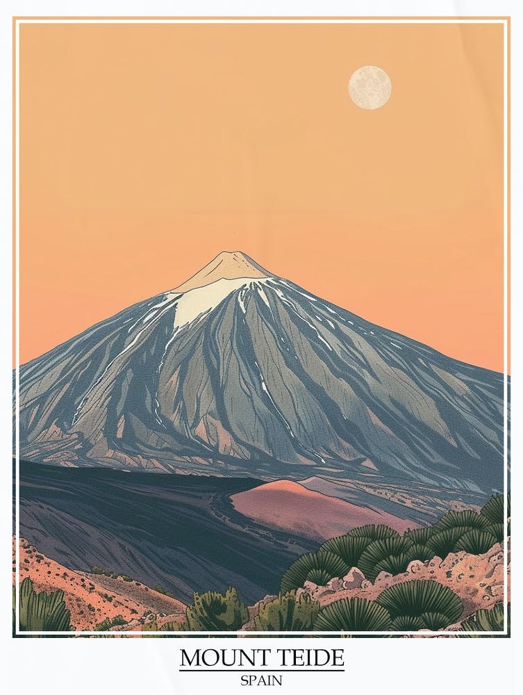 Berg Teide Spanien Farb-Linienzeichnung 1 Poster