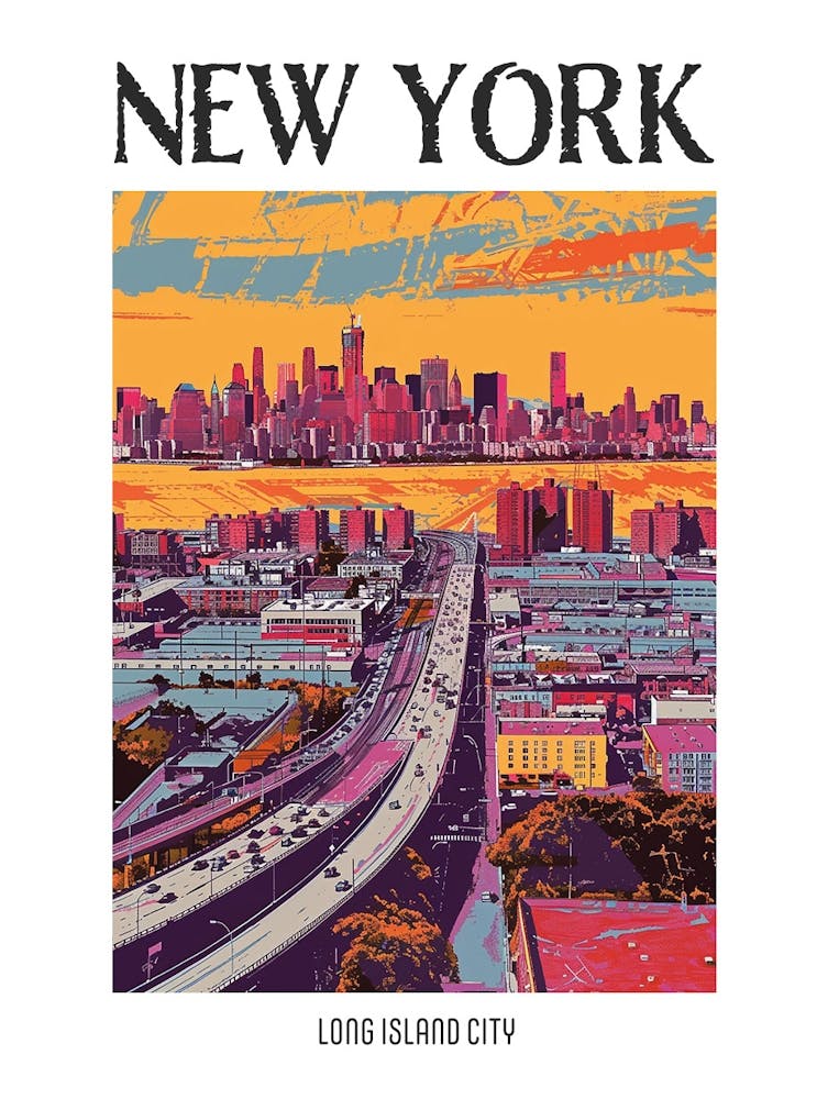 Long Island City New York Illustration Sérigraphiée Colorée 3 Affiche
