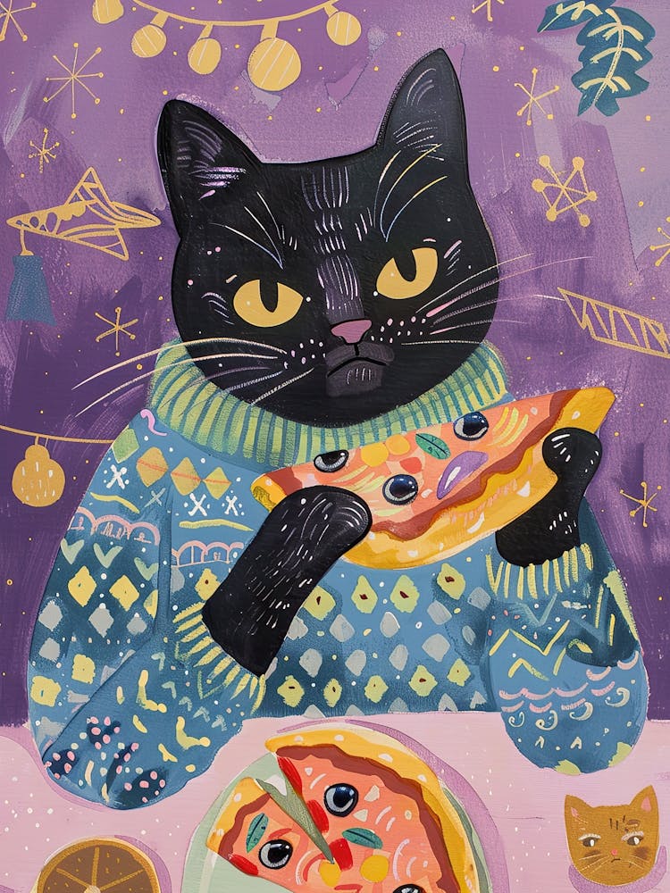 Black Cat Eating A Pizza Slice Folk Illustration 2