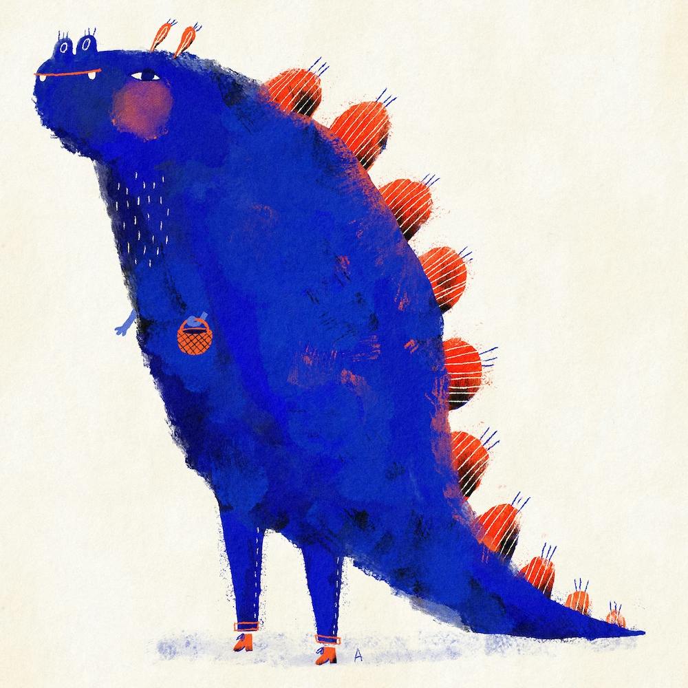 Blue Dinosaur With Shopping Basket Square Nursery kids art print