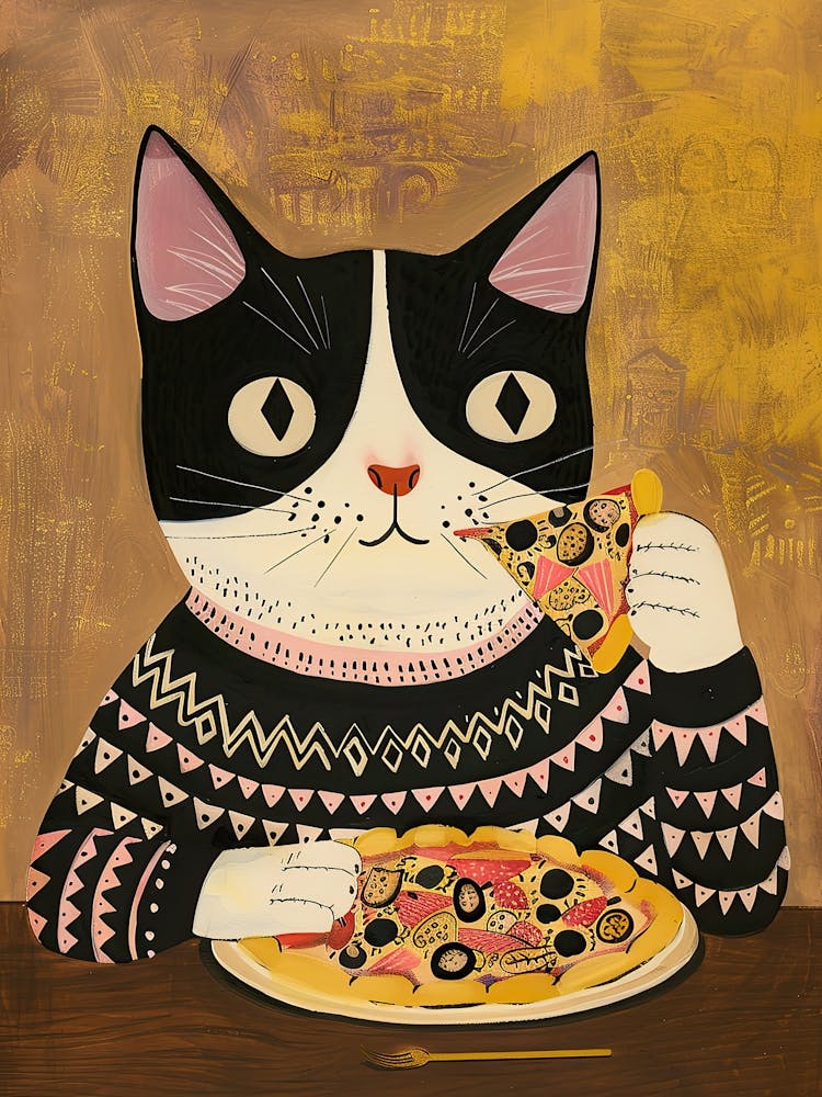 Happy Black And White Cat Pizza Lover Folk Illustration 2