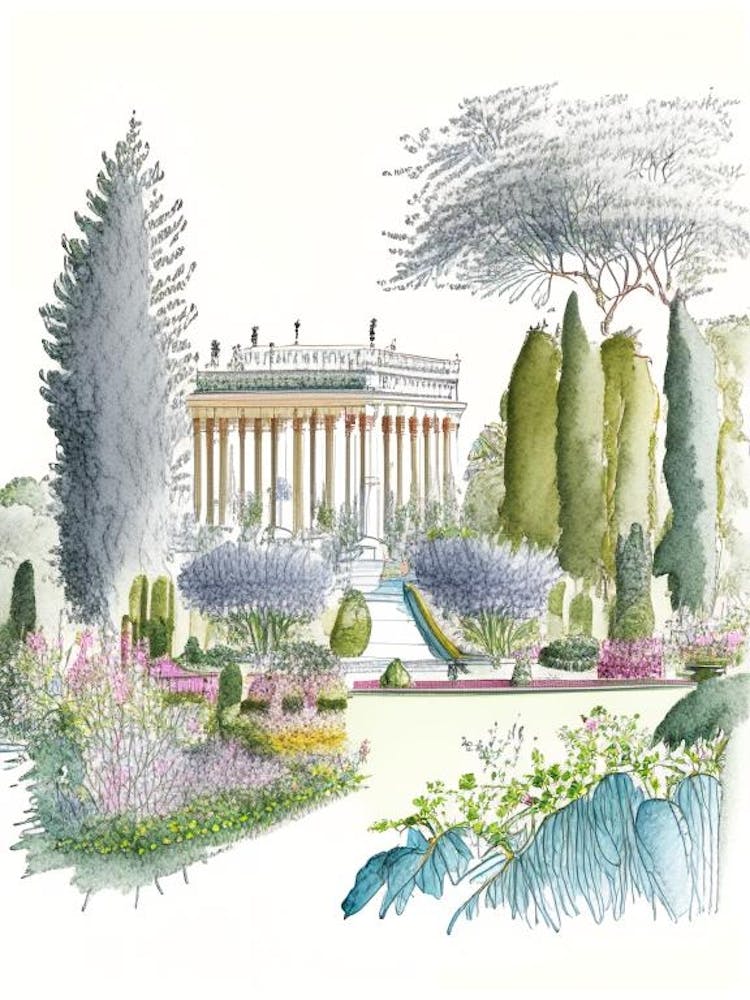 Gardens Of The Royal Palace Of Caserta, Italy Vintage Pencil Drawing