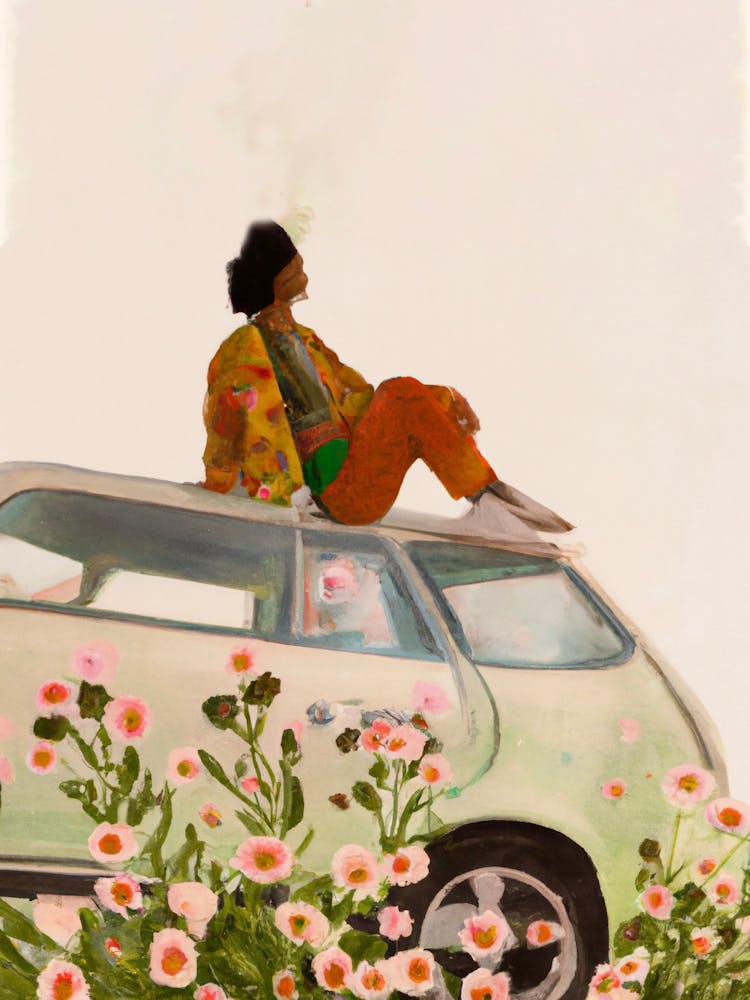 Thoughtful Woman Sitting On Car Roof By Flowers