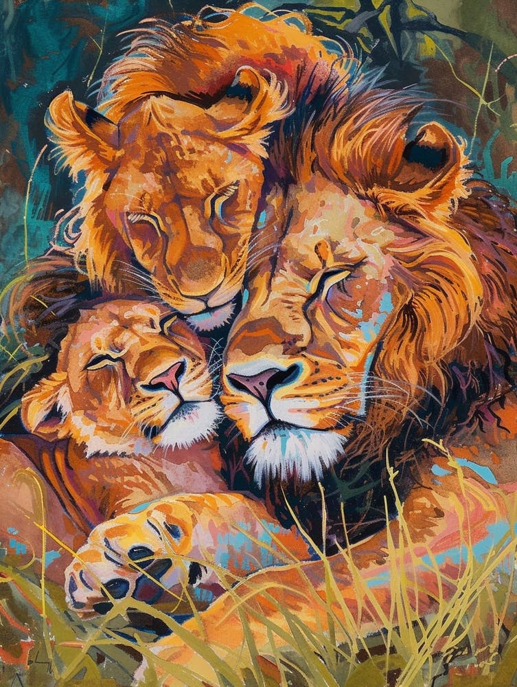 Transvaal Lion Family Bonding Fauvist Painting 5