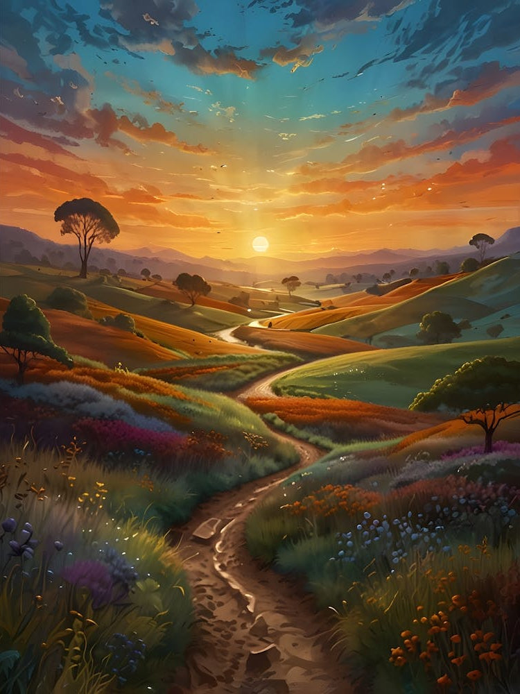 A vibrant, surreal landscape featuring a winding path through lush, colorful fields, with a figure walking towards a radiant sunset. The sky is filled with swirling patterns of blue and orange hues, casting a dreamlike atmosphere. 1