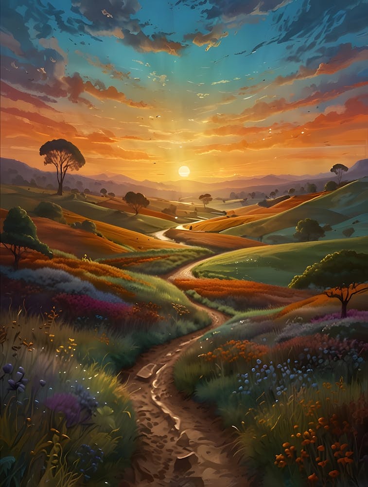 A vibrant, surreal landscape featuring a winding path through lush, colorful fields, with a figure walking towards a radiant sunset. The sky is filled with swirling patterns of blue and orange hues, casting a dreamlike atmosphere. 1