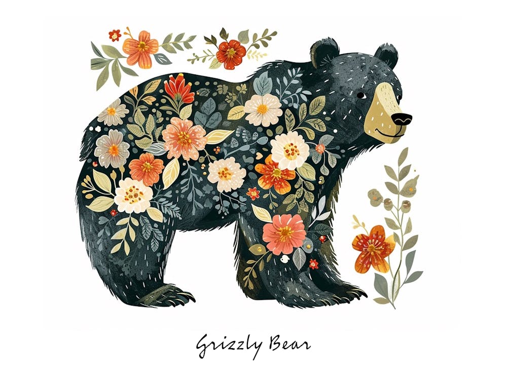Little Floral Grizzly Bear 3 Poster