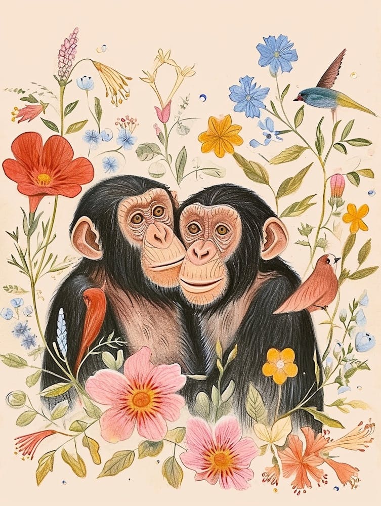 Folksy Floral Animal Drawing Chimpanzee 5