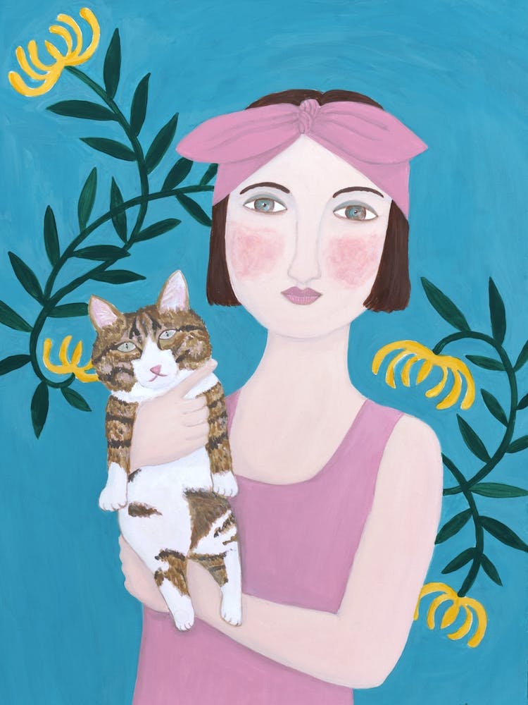 2 Woman In Pink Dress With Cat