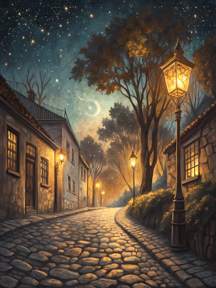 Oil Painting Style Starry Cobblestone Street Enchanted Night Town Landscape