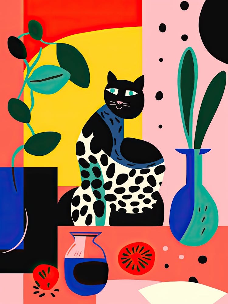 Black Cat And A Vase Of Flowers Fauvist Style