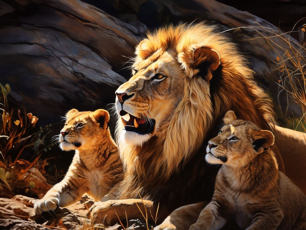 African Lion With Cubs Realism Painting 4