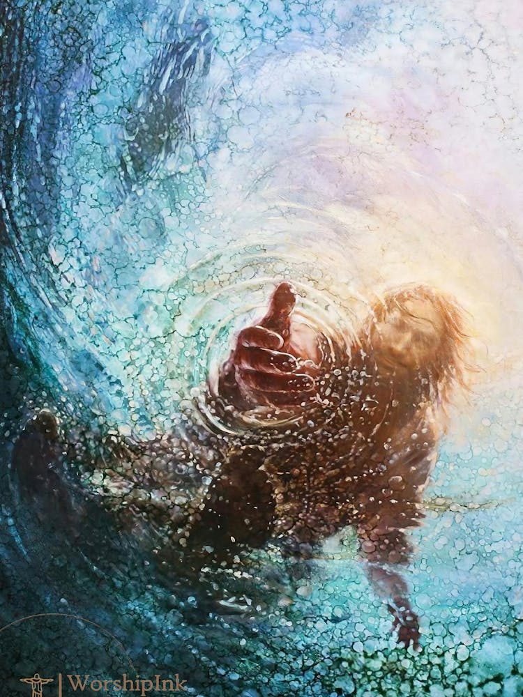 Hand Gottes, Christliche Kunst, Jesus-Gemälde, Jesus rettet Petrus im Sturm, Digitales Jesus-Porträt, Christliche digitale Kunst, Jesus-Kunst-Leinwand