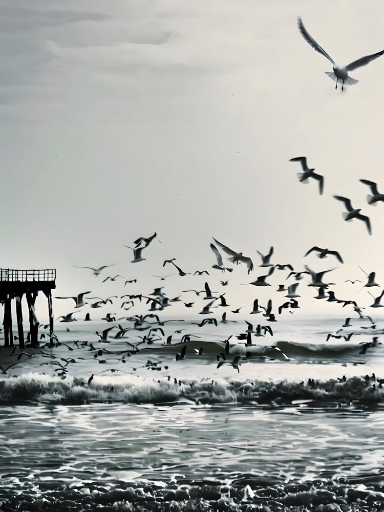 Seagulls Flying Over Pier