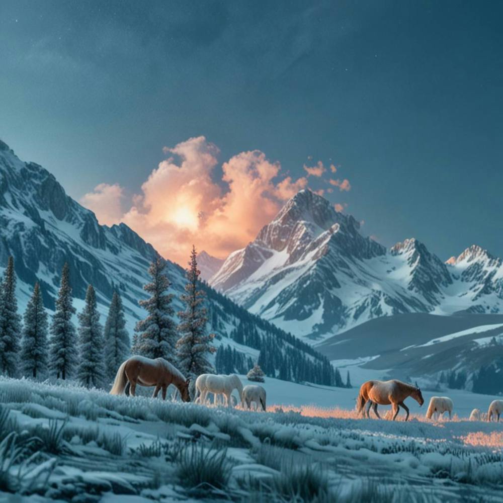Horses In The Mountain Covered With Snow