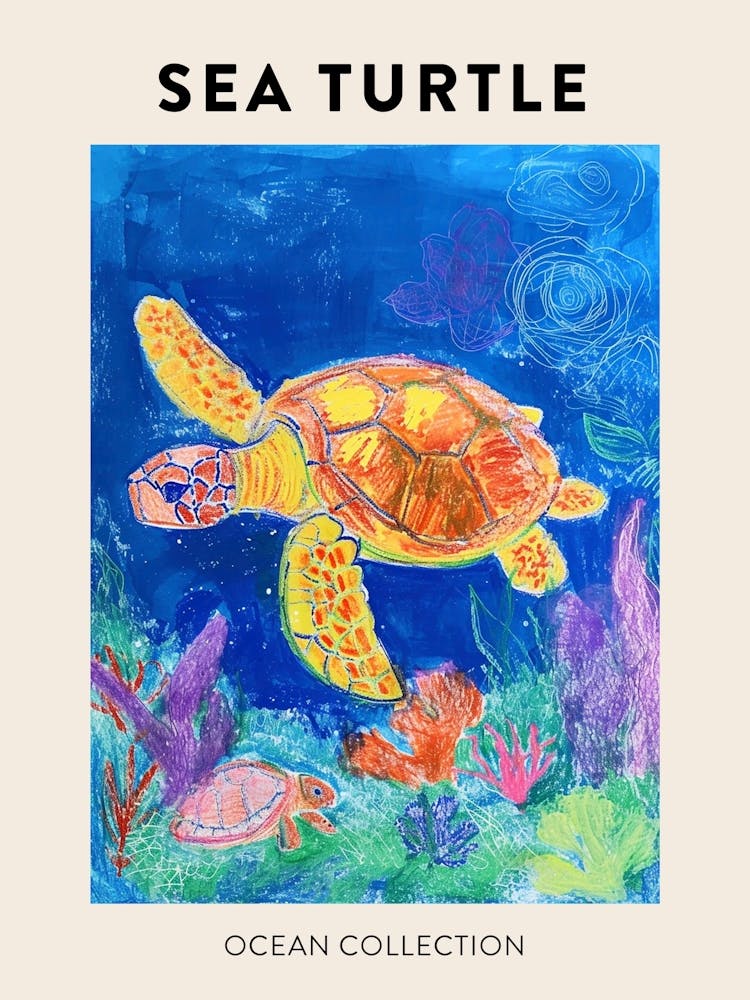Colourful Sea Turtle Exploring Deep Into The Ocean Crayon Doodle Poster 1